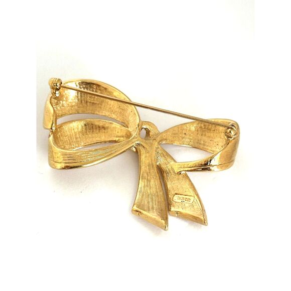Vintag Avon Gold Bow Brooch Rhinestone Accents - Picture 3 of 6